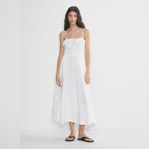 Aritzia white spaghetti strap ruffle linen midi dress coastal euro summer bridal